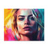 Vibrant neon watercolor puzzle featuring Margot Robbie in vivid colors.