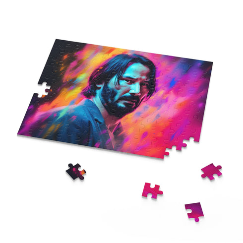 Vibrant watercolor neon Keanu Reeves puzzle with 120 pieces.