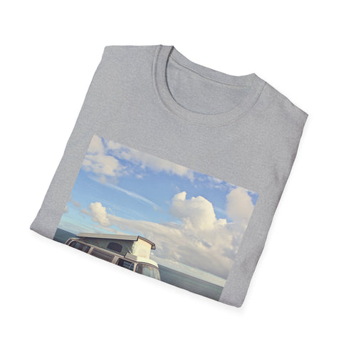 Retro charcoal T-shirt with camper van seaside graphic in breathable cotton