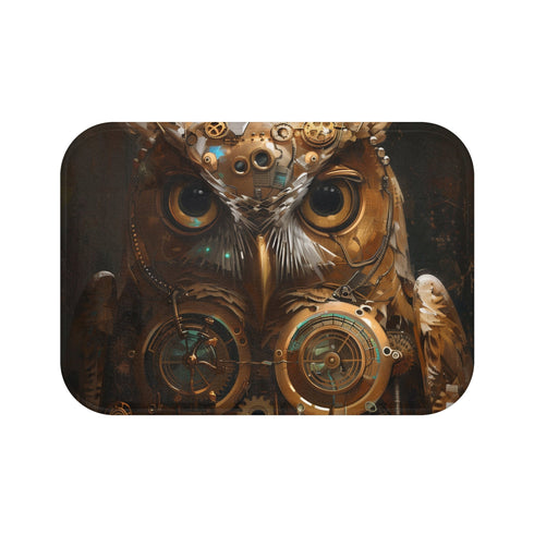 Steampunk-themed clockwork owl bath mat with Victorian industrial design.