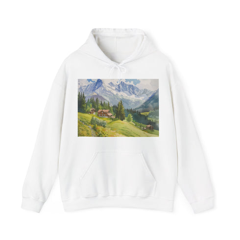 Swiss Alps Hoodie in Navy, Regular Fit Unisex Watercolor Design.
