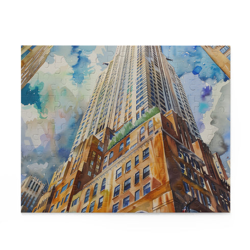 Watercolor puzzle featuring Chrysler Building for relaxing New York entertainment.