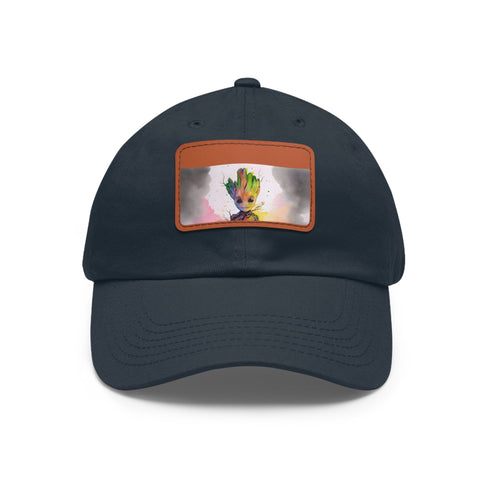 Neon watercolor Baby Groot hat with light brown patch.
