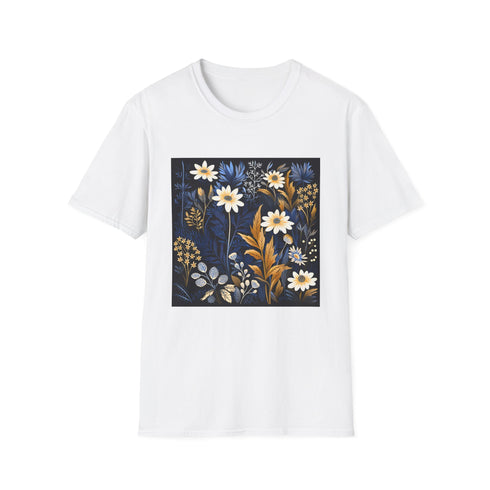 Charcoal cotton crew neck t-shirt with vibrant floral tapestry pattern