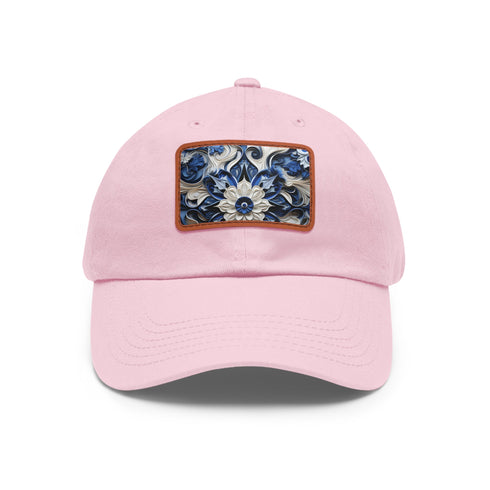 Midnight cerulean cotton baseball cap with white/light brown rectangle patch.
