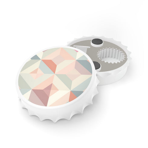 Geometric white bottle opener with trendy pastel geometric pattern.
