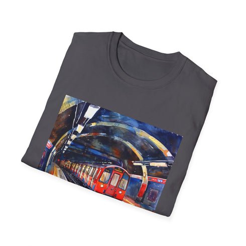 Charcoal cotton t-shirt featuring vibrant watercolor London underground design