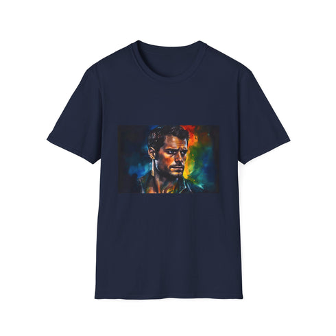 Charcoal cotton T-shirt featuring vibrant neon watercolor design with crew neck