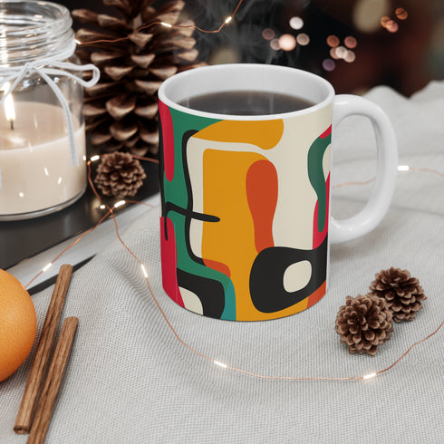 Vibrant abstract ceramic coffee mug with bold seamless pattern.
