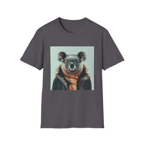 Charcoal crew neck t-shirt with quirky koala and books graphic