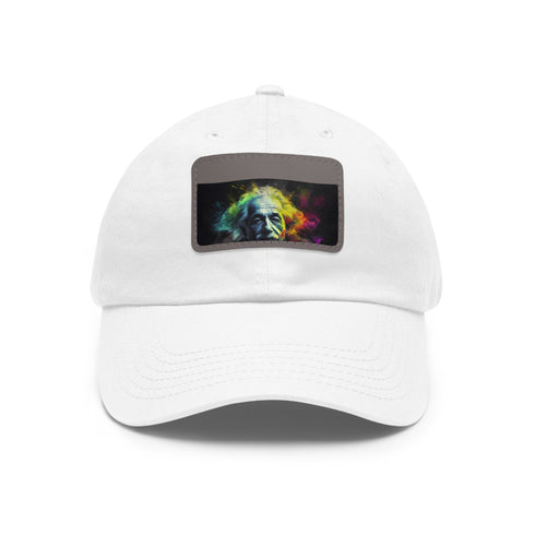 Vibrant neon Einstein baseball cap with watercolor portrait, white rectangle design.