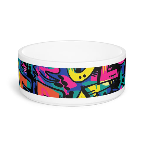 Neon graffiti ceramic pet bowl for fun meals with vibrant colors.