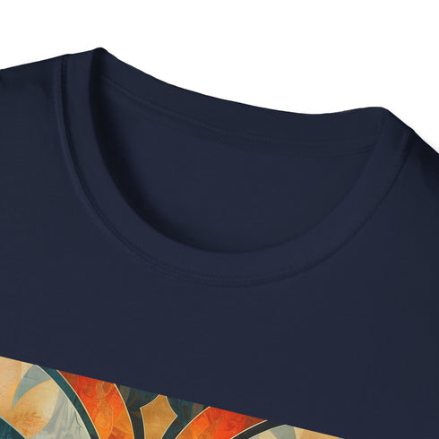 Charcoal cotton t-shirt with abstract geometric art deco patterns