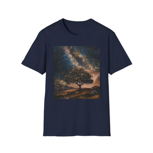 Charcoal crew neck t-shirt with detailed Milky Way night sky painting