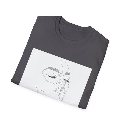 Minimalist charcoal cotton crew neck t-shirt with elegant line art face.