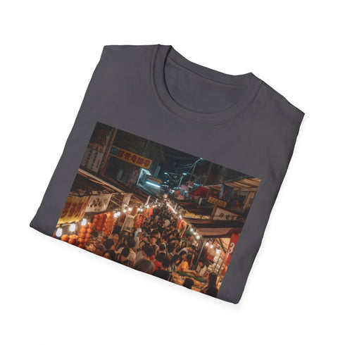 Charcoal cotton T-Shirt with vibrant Asian night market tapestry graphic