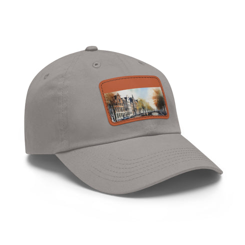Trendy Amsterdam Skyline Snapback Cap with white/light brown rectangle patch.