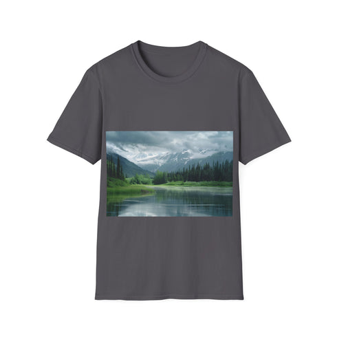 Alaska Adventure Landscapes Tee in Charcoal, size S, nature-inspired watercolor design.