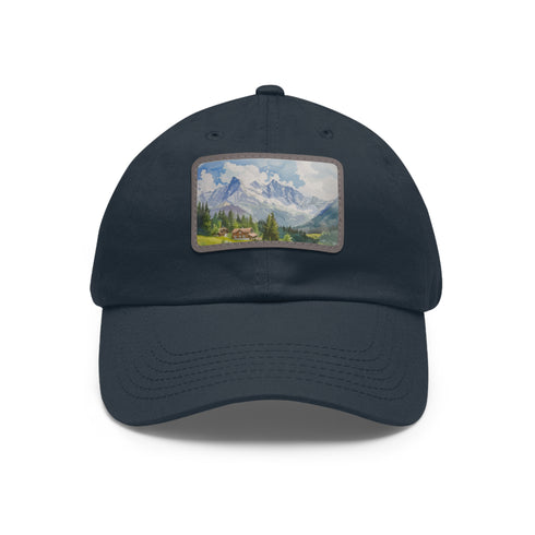 Swiss Alps watercolor cap, white with light brown rectangle patch.