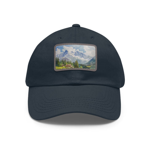 Swiss Alps watercolor baseball cap in white with light brown patch.