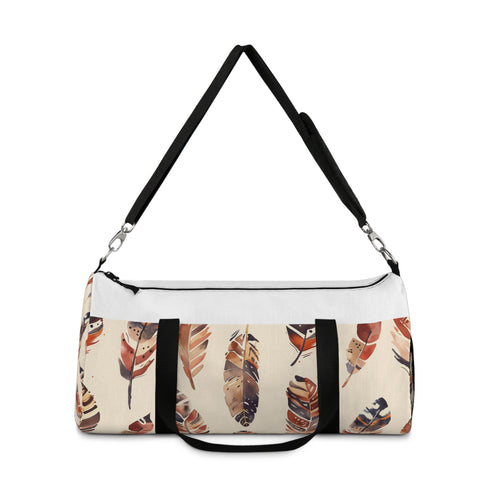 Boho feather patterned small duffel bag for free-spirited adventurers.