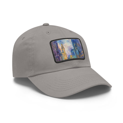 Vibrant watercolor Chicago skyline baseball cap, white/light brown patch, unisex.