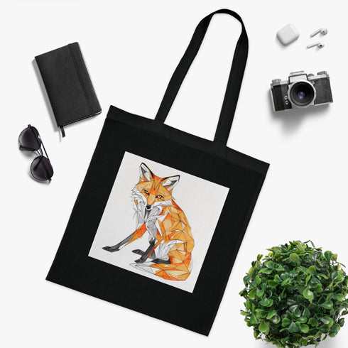 Geometric Fox Tote Bag, Black Cotton Tote with Modern Fox Design