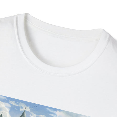 Enchanting mystical fantasy castle graphic on charcoal t-shirt.