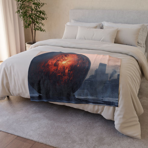 Lava Sphere Orbiting Frozen City Plush Fleece Throw Blanket
