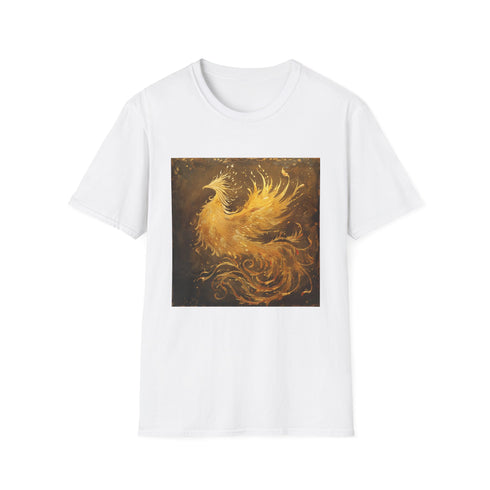 Mythical phoenix rising from ashes on charcoal crewneck T-shirt.