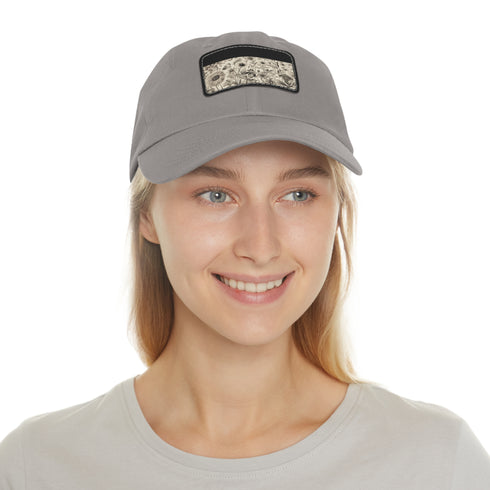 Botanical pattern white cotton baseball cap with light brown patch.