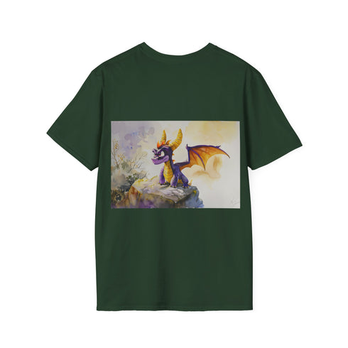 Colorful watercolor Spyro dragon tee on charcoal fabric, perfect for gamers.