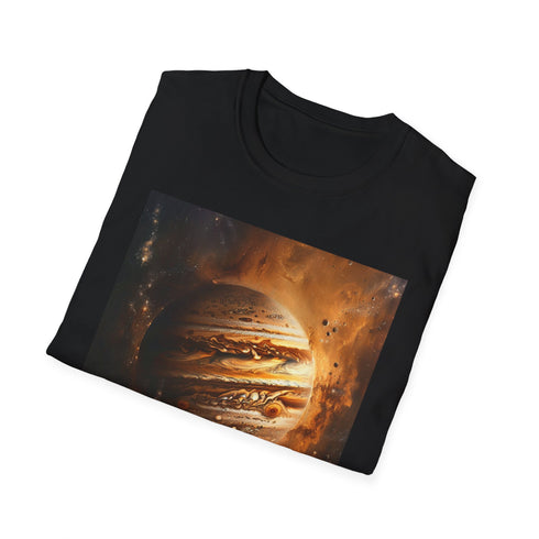 Charcoal crew neck t-shirt with vibrant Jupiter painting design