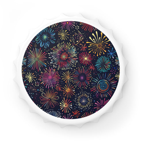 Lively white fireworks bottle opener with festive pattern.