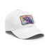 Watercolor unicorn baseball cap in white with light brown patch.