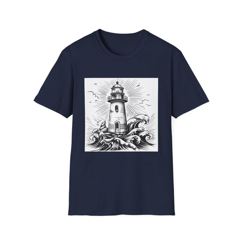 Hand-drawn lighthouse charcoal T-shirt with a soft textured fabric and crew neck