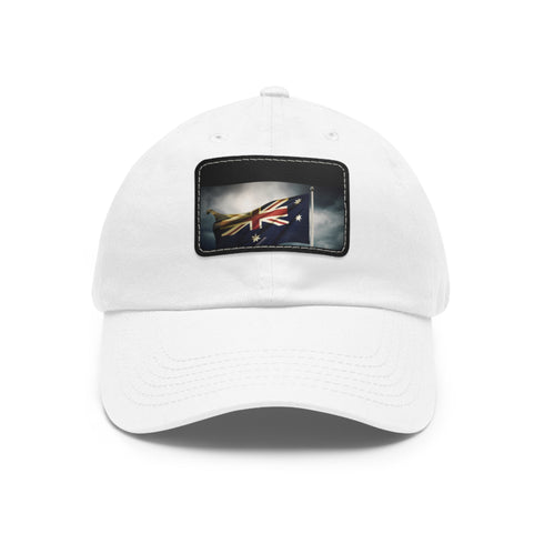 Australia flag design white baseball cap with light brown patch.