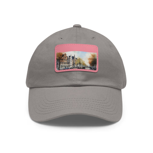 Amsterdam Skyline Snapback Cap, White with Light Brown Patch, Iconic Design