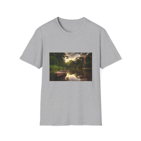 Charcoal cotton crew neck T-shirt featuring Amazon rainforest symphony graphic