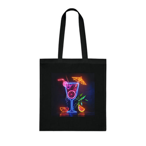 Vibrant black cotton tote bag with neon tropical cocktail design.