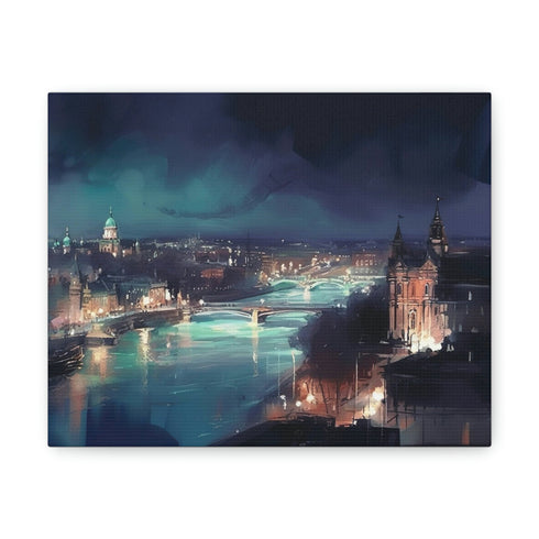 London Skyline Illuminated Canvas: Vibrant city lights after dark on canvas.