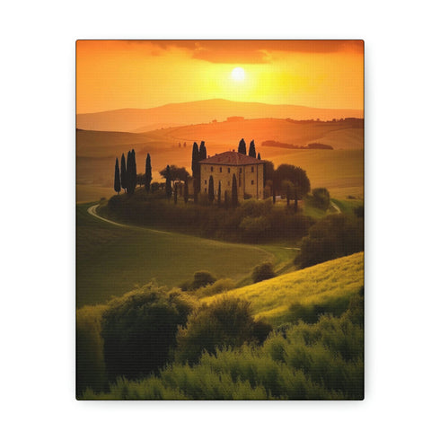 Tuscan Sunset Canvas Print: Italy landscape in golden hues for decor.