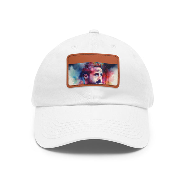 Ryan Gosling glow watercolor cotton hat in white with light brown patch.