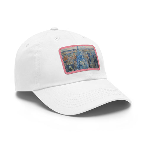 Urban watercolor Chrysler Building cap in white with light brown patch.