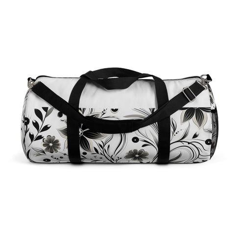 Black and white curved duffel bag for stylish travel essentials.