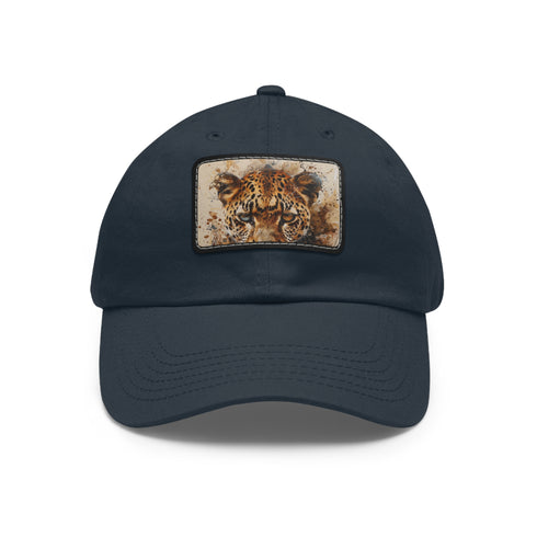 Cheetah print snapback hat in white with light brown patch.