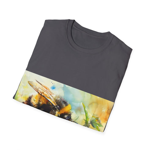 Charcoal crew neck cotton T-shirt with vibrant bumblebee watercolor design