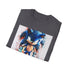 Watercolor Sonic graphic on charcoal cotton T-shirt with crew neck