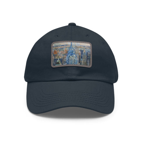 White cotton baseball cap with Chrysler Building watercolor design.