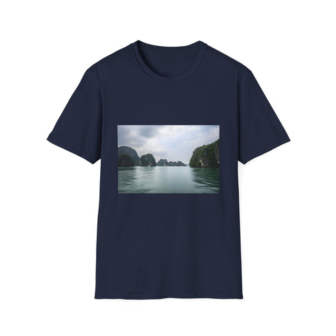 Charcoal cotton crew neck T-shirt featuring serene sea-inspired graphic design